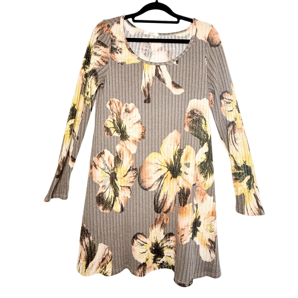 Easel Women's S Gray Peach Floral Ribbed Knit Long Sleeve Tunic Dress